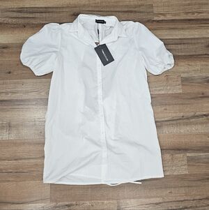 White Puff Sleeve Button-Up Open Back Mini Dress Sz 2